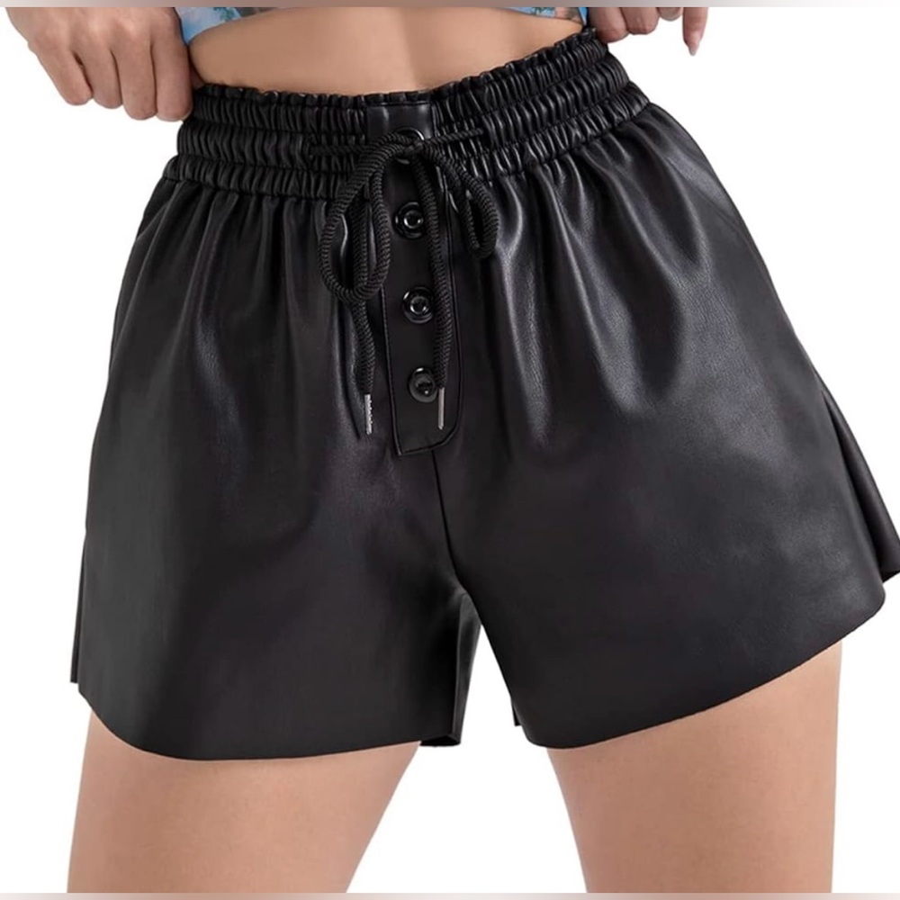 NEW Faux Leather Short High Waisted Drawstring Cut Off Black Medium Y2K Festival